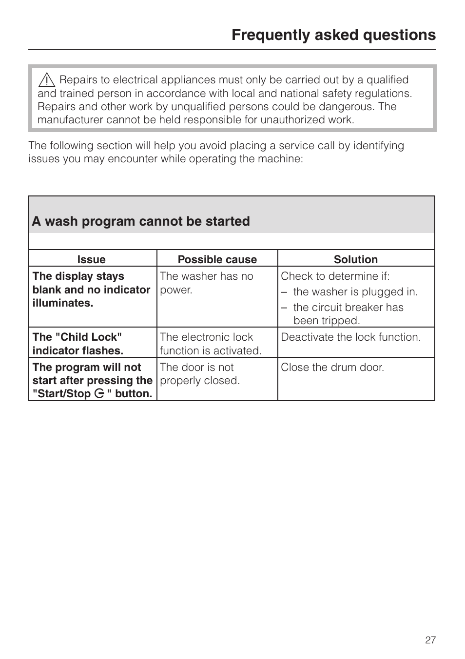 Frequently asked questions 27, A wash program cannot be started 27, A wash program cannot be started | Frequently asked questions | Miele W 1119 User Manual | Page 31 / 56