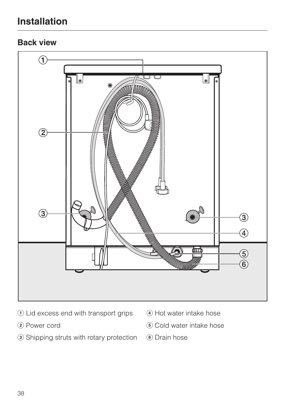 Back view 38, Back view, Installation | Miele W 1119 User Manual | Page 42 / 56