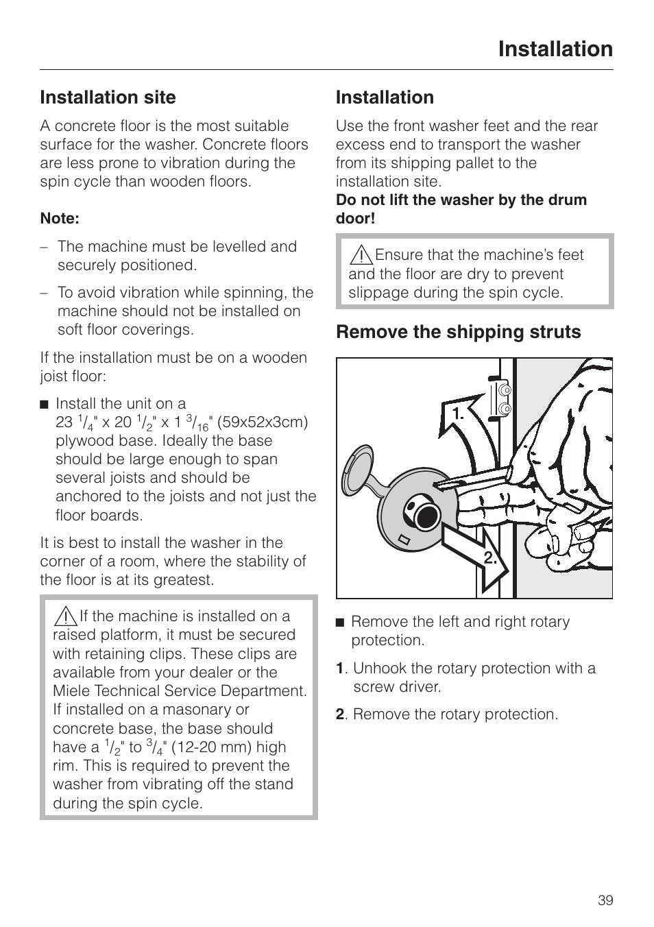 Installation site 39, Installation 39, Remove the shipping struts 39 | Installation site, Installation, Remove the shipping struts | Miele W 1119 User Manual | Page 43 / 56