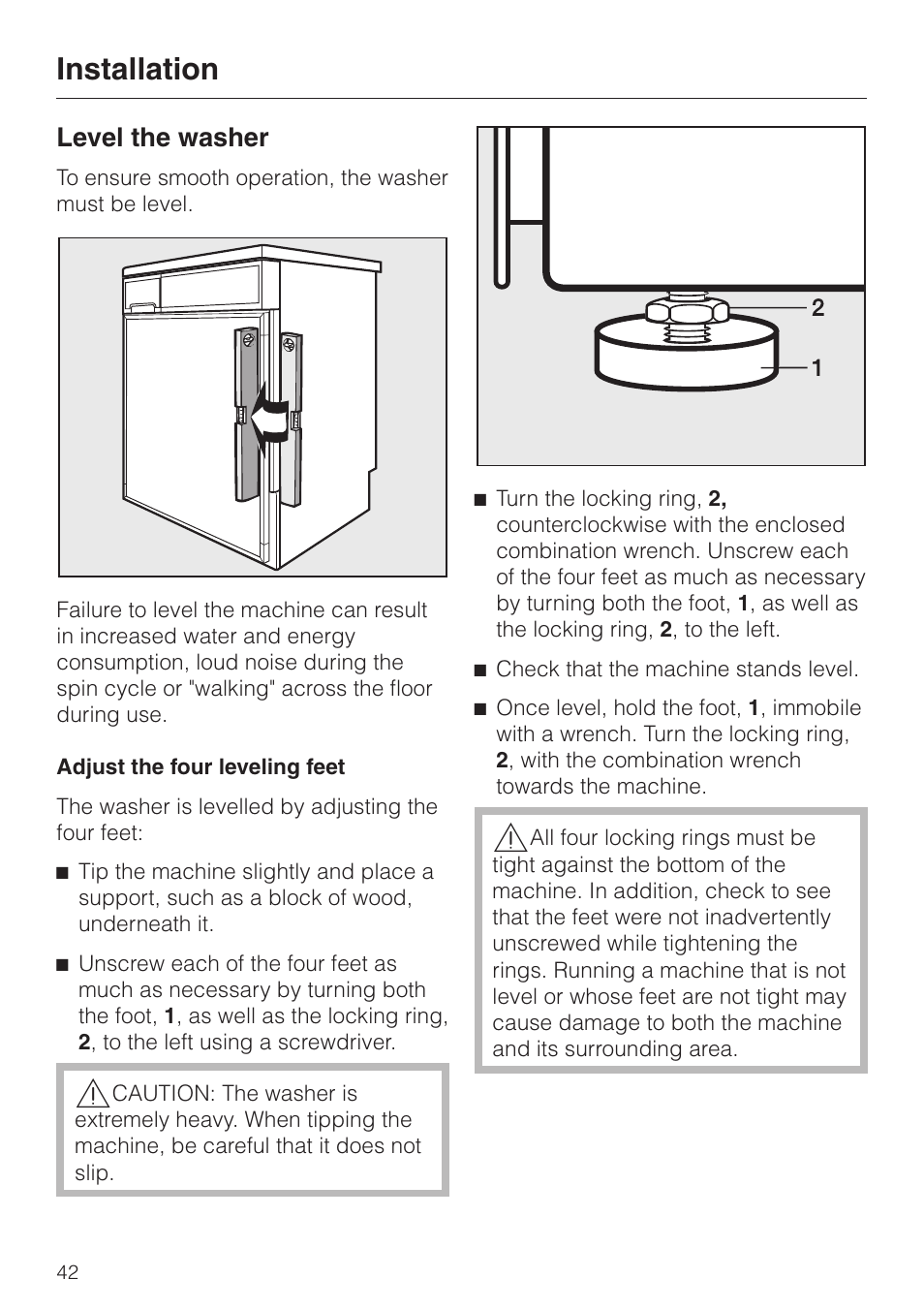 Level the washer 42, Level the washer, Installation | Miele W 1119 User Manual | Page 46 / 56