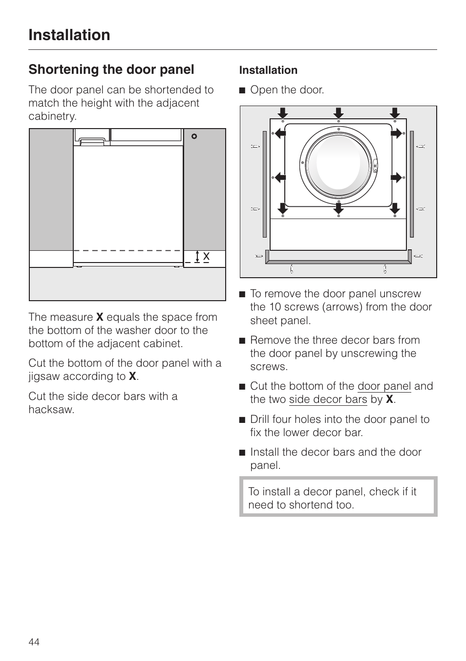 Shortening the door panel 44, Shortening the door panel, Installation | Miele W 1119 User Manual | Page 48 / 56