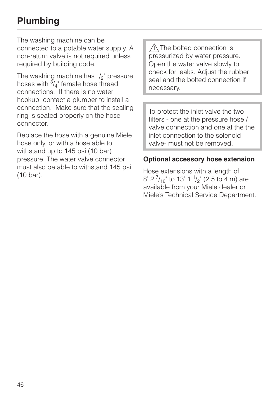 Plumbing 46, Plumbing | Miele W 1119 User Manual | Page 50 / 56