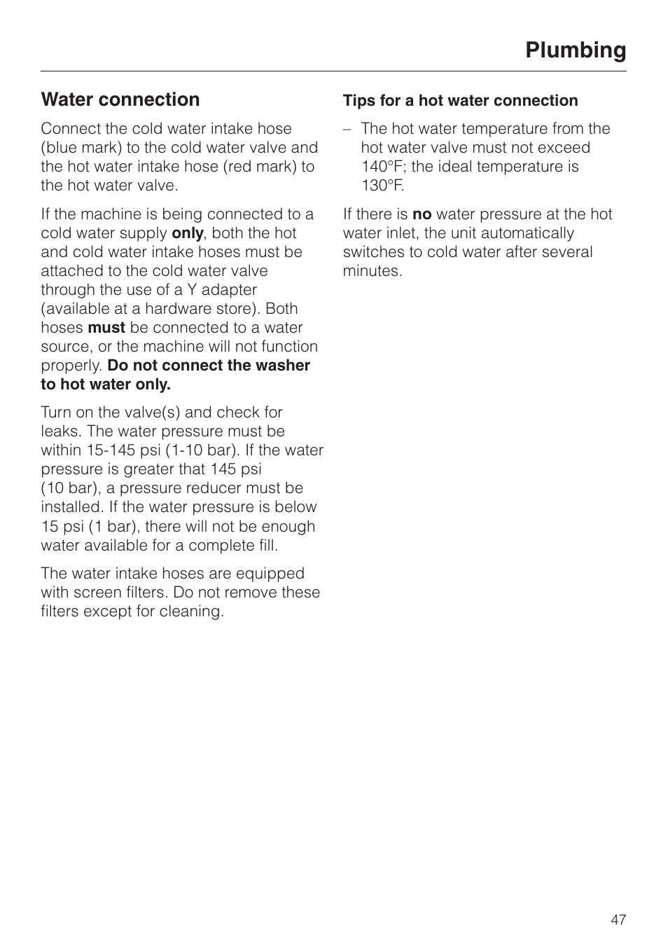 Water connection 47, Water connection, Plumbing | Miele W 1119 User Manual | Page 51 / 56