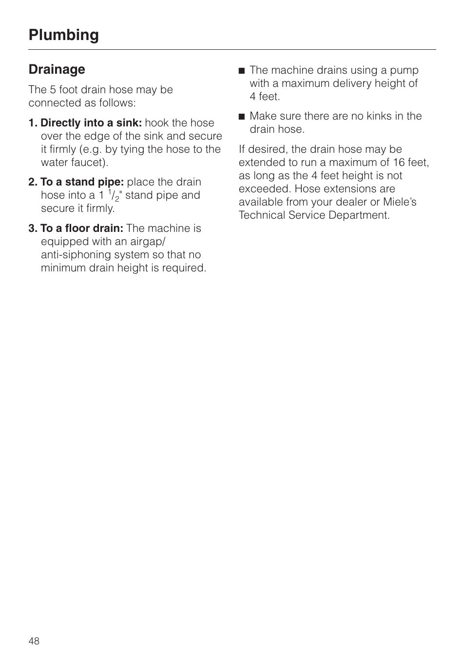 Drainage 48, Drainage, Plumbing | Miele W 1119 User Manual | Page 52 / 56