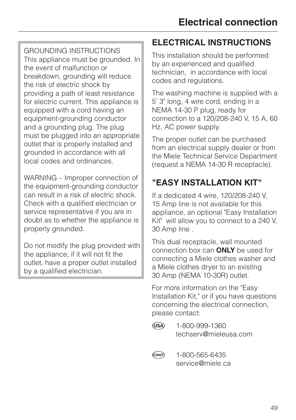 Electrical connection 49, Electrical connection, Electrical instructions | Easy installation kit | Miele W 1119 User Manual | Page 53 / 56