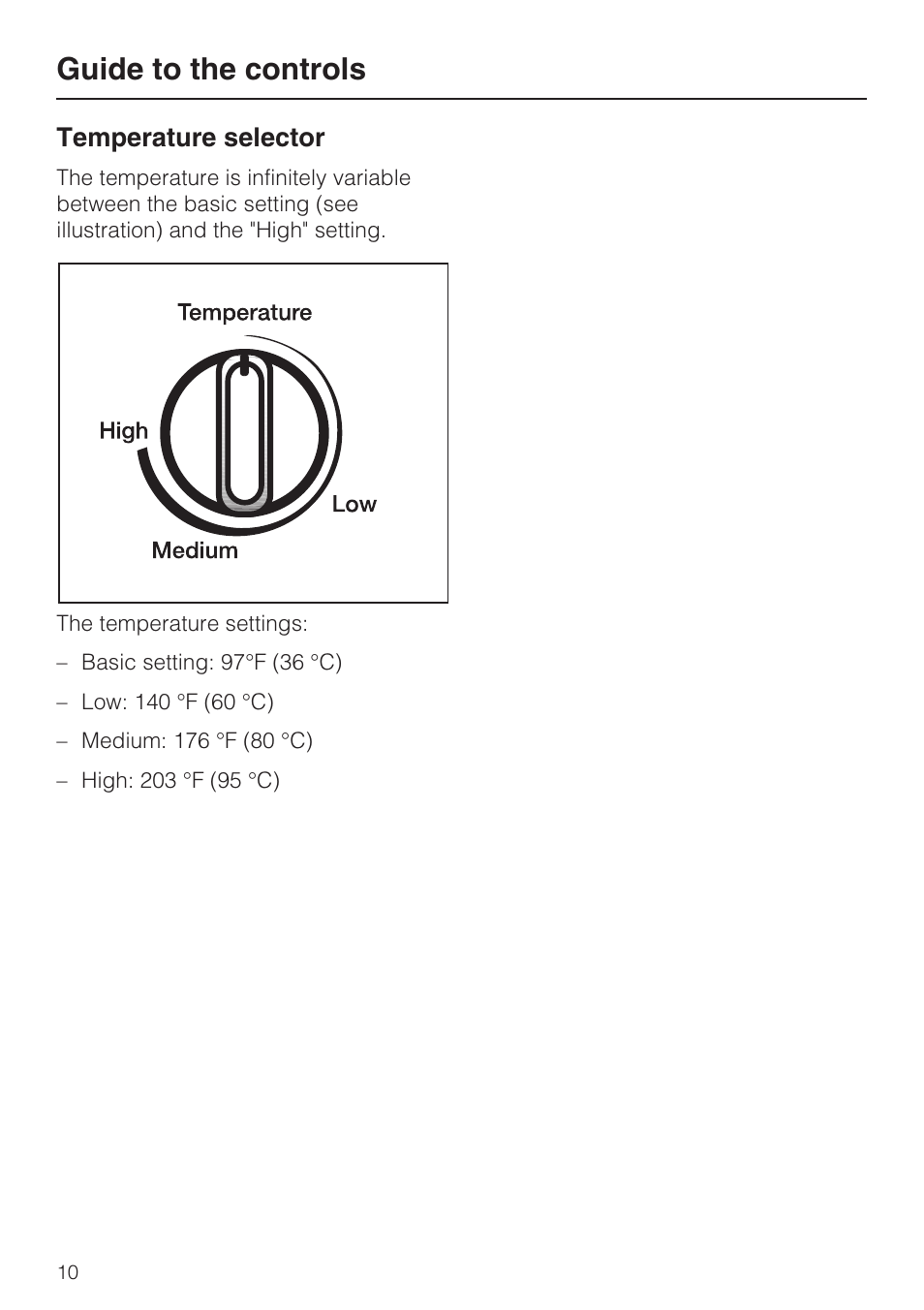 Temperature selector 10, Guide to the controls, Temperature selector | Miele ESW 4811 User Manual | Page 10 / 32