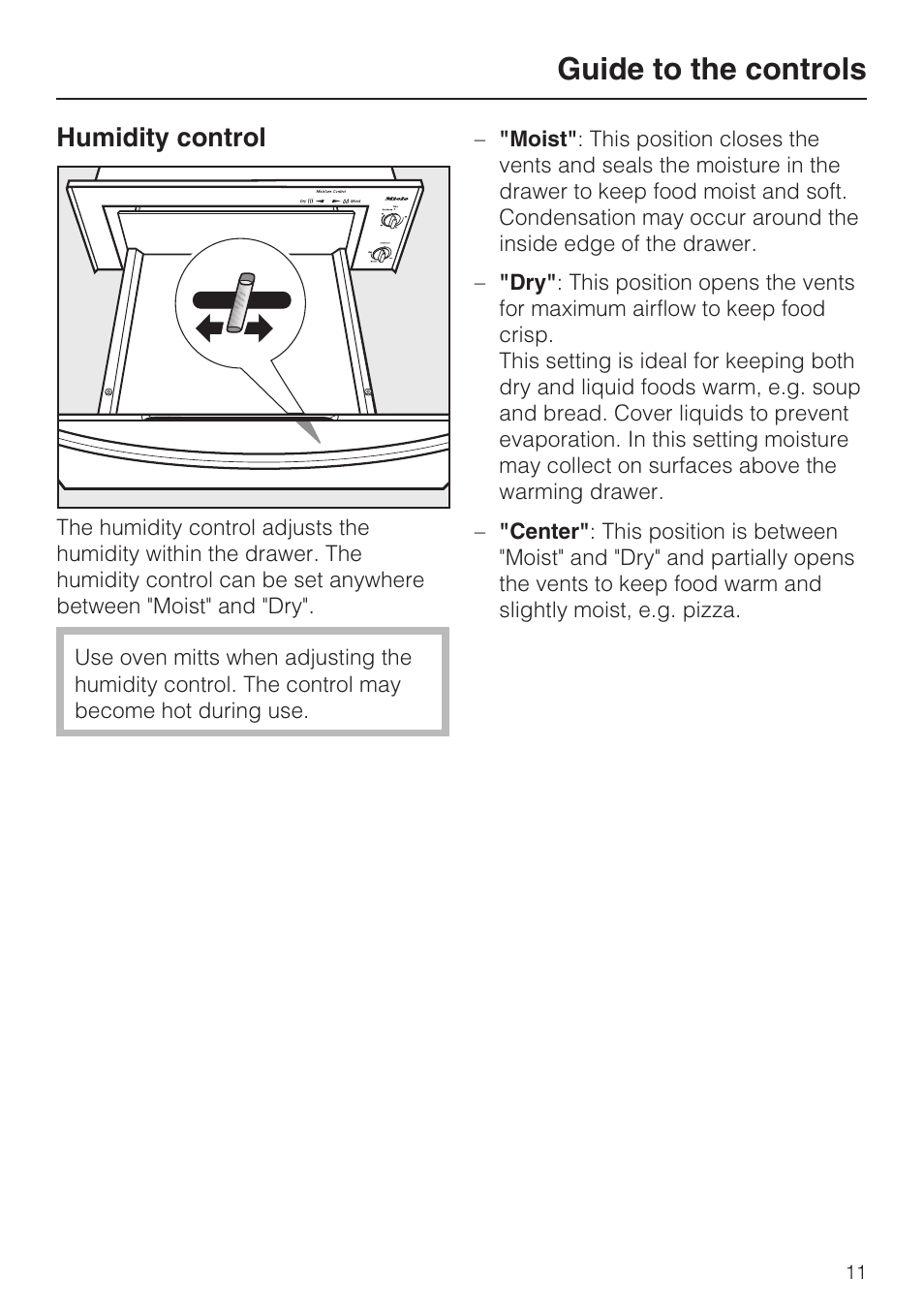 Humidity control 11, Guide to the controls, Humidity control | Miele ESW 4811 User Manual | Page 11 / 32
