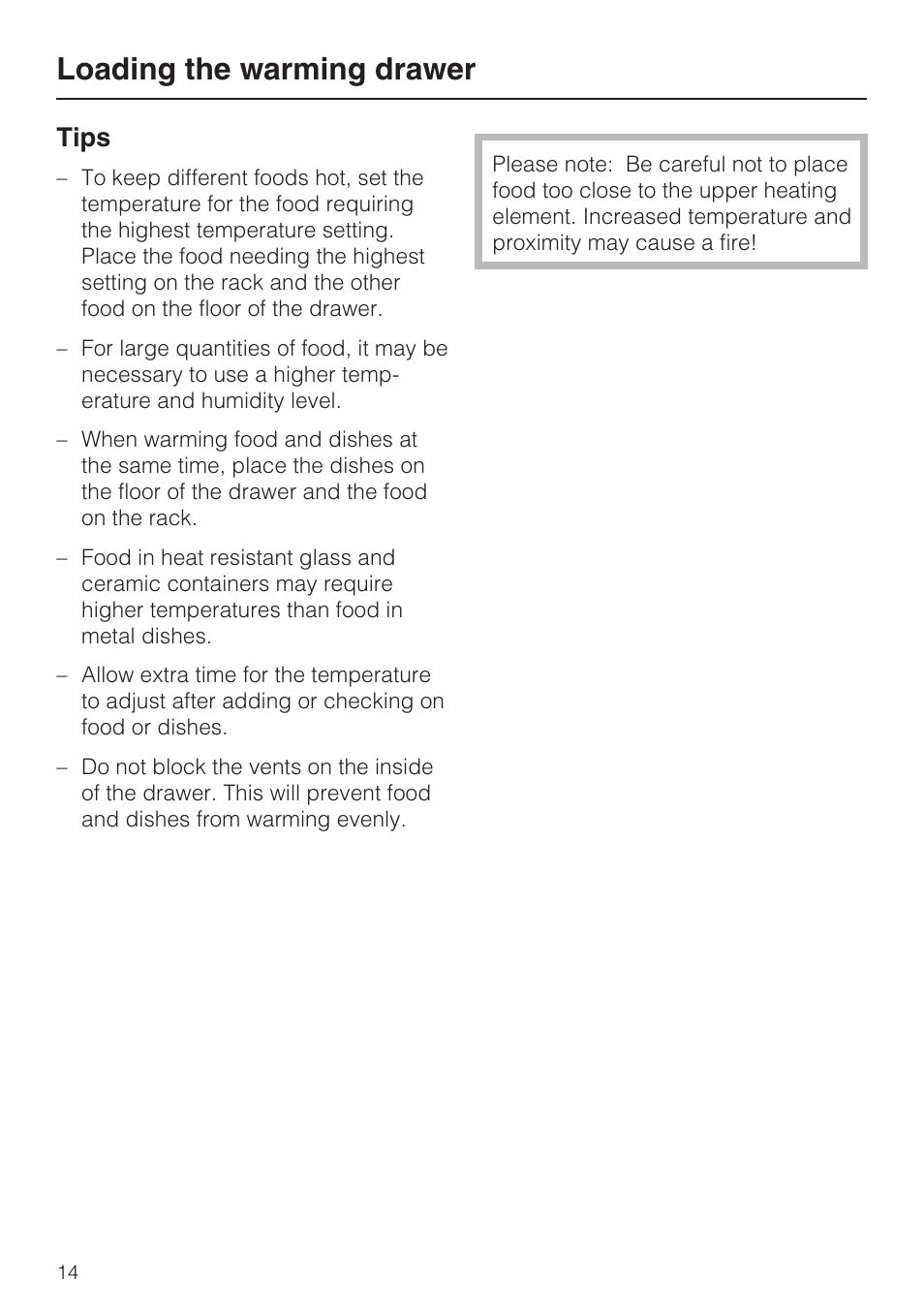 Tips 14, Loading the warming drawer, Tips | Miele ESW 4811 User Manual | Page 14 / 32