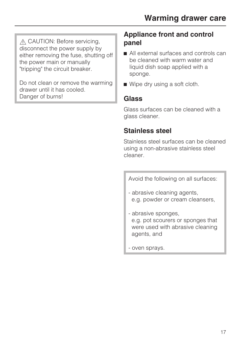 Warming drawer care 17, Appliance front and control panel 17, Glass 17 | Stainless steel 17, Warming drawer care, Appliance front and control panel, Glass, Stainless steel | Miele ESW 4811 User Manual | Page 17 / 32