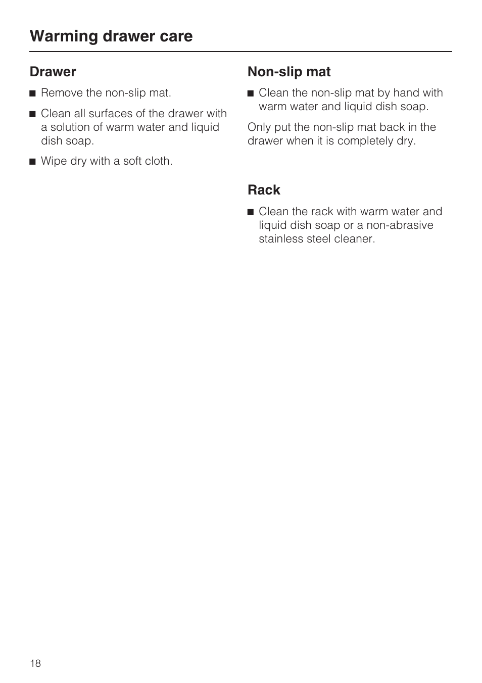 Drawer 18, Non-slip mat 18, Rack 18 | Warming drawer care | Miele ESW 4811 User Manual | Page 18 / 32