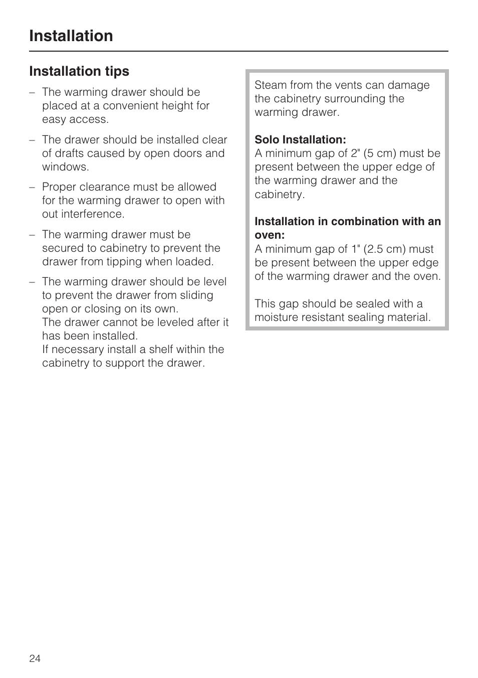 Installation 24, Installation, Installation tips | Miele ESW 4811 User Manual | Page 24 / 32