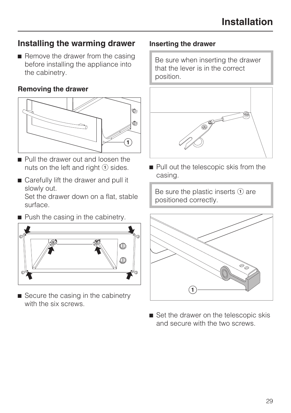 Installing the warming drawer 29, Removing the drawer 29, Inserting the drawer 29 | Installation, Installing the warming drawer | Miele ESW 4811 User Manual | Page 29 / 32