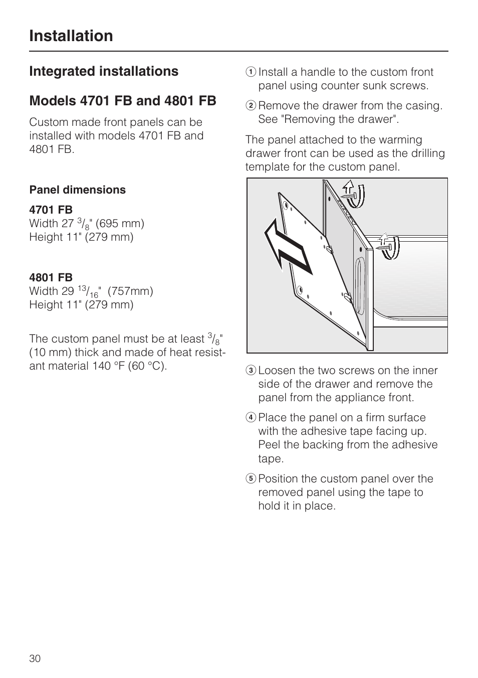 Integrated installations 30, Installation | Miele ESW 4811 User Manual | Page 30 / 32