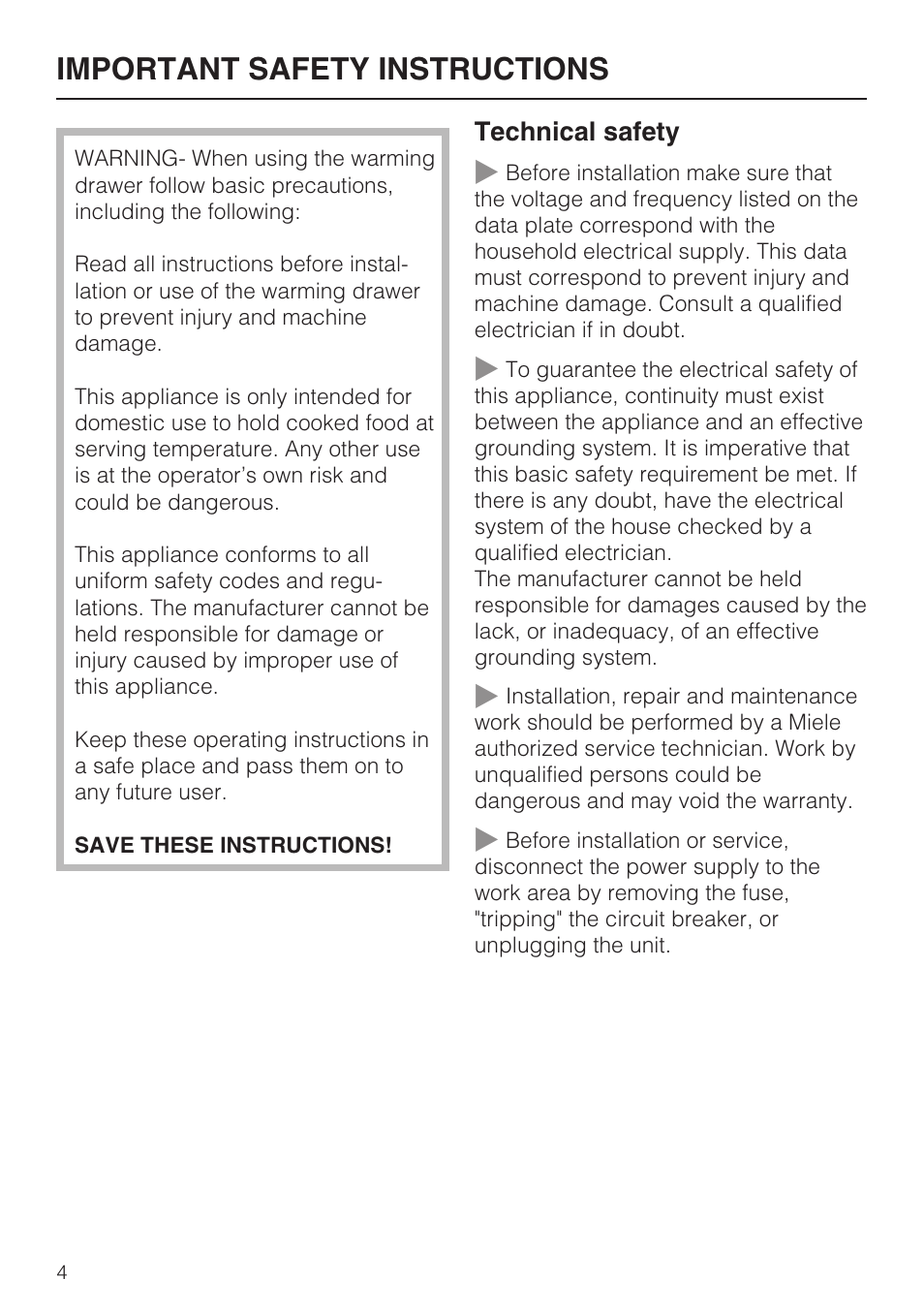 Important safety instructions 4, Important safety instructions | Miele ESW 4811 User Manual | Page 4 / 32