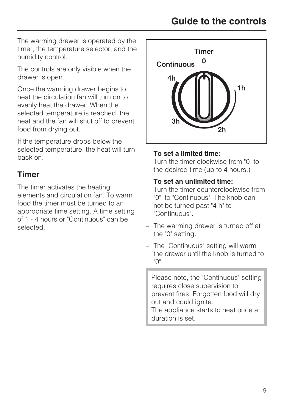 Guide to the controls 9, Timer 9, Guide to the controls | Timer | Miele ESW 4811 User Manual | Page 9 / 32