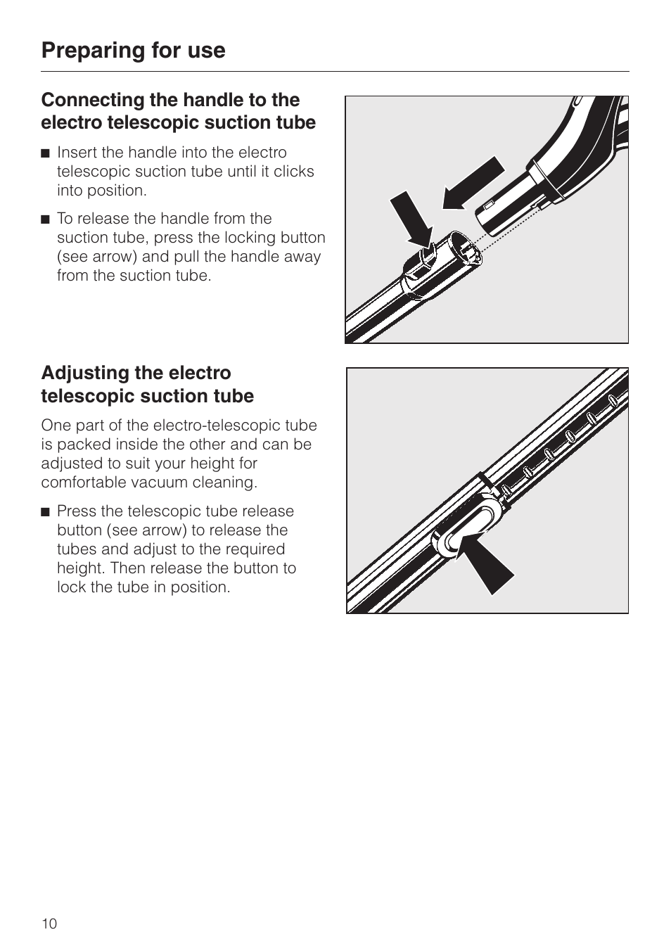 Preparing for use, Adjusting the electro telescopic suction tube | Miele S 5980 User Manual | Page 10 / 36