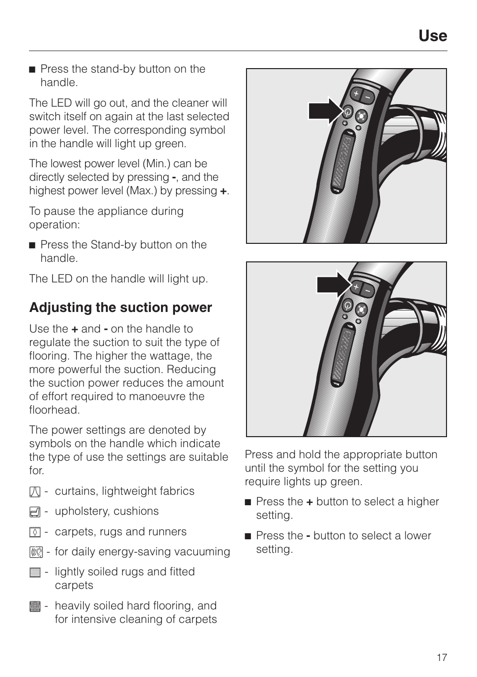 Adjusting the suction power 17, Adjusting the suction power | Miele S 5980 User Manual | Page 17 / 36