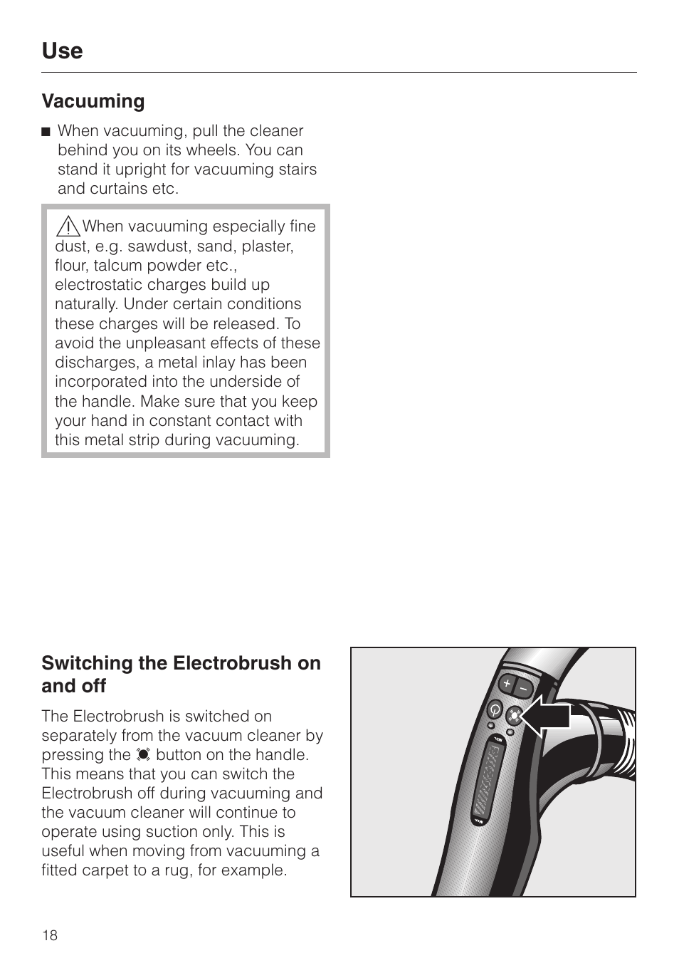 Switching the electrobrush on and off 18, Switching the electrobrush on and off | Miele S 5980 User Manual | Page 18 / 36