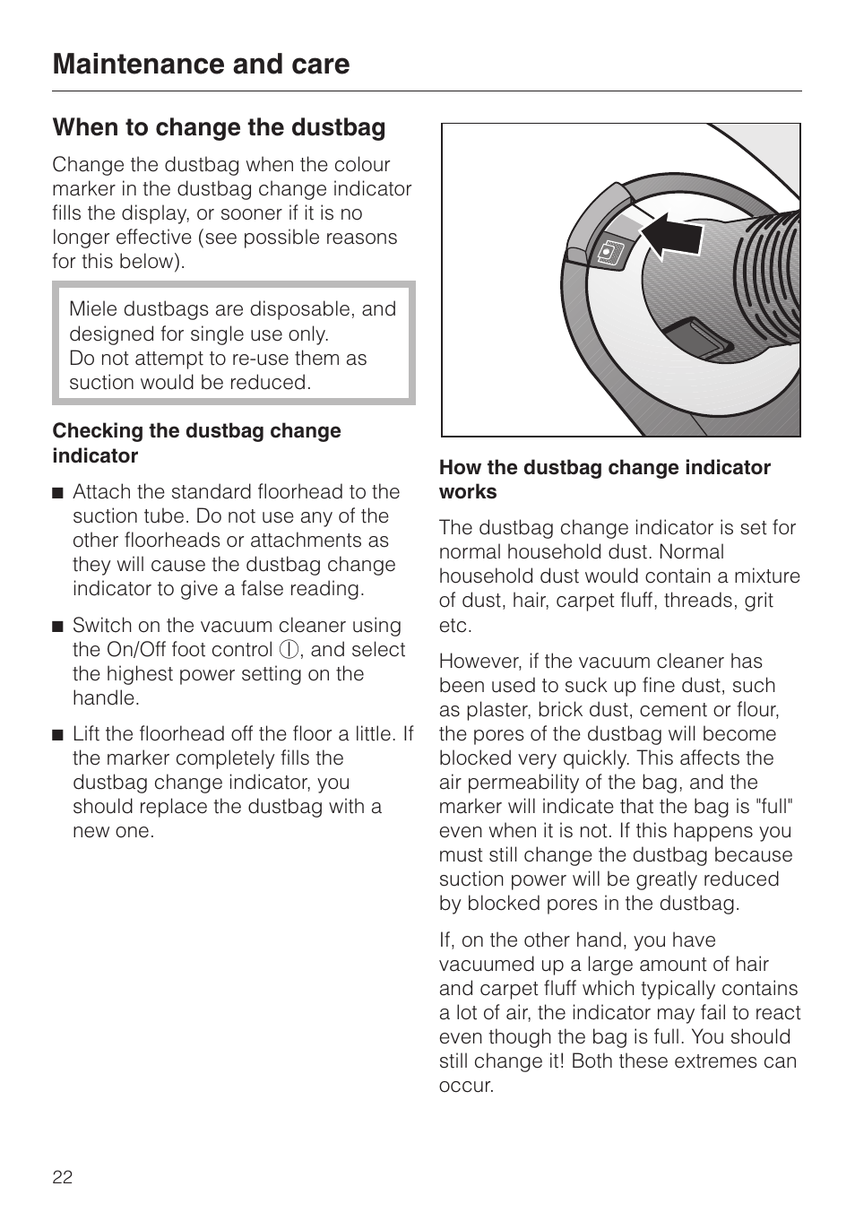 When to change the dustbag 22, When to change the dustbag, Maintenance and care | Miele S 5980 User Manual | Page 22 / 36