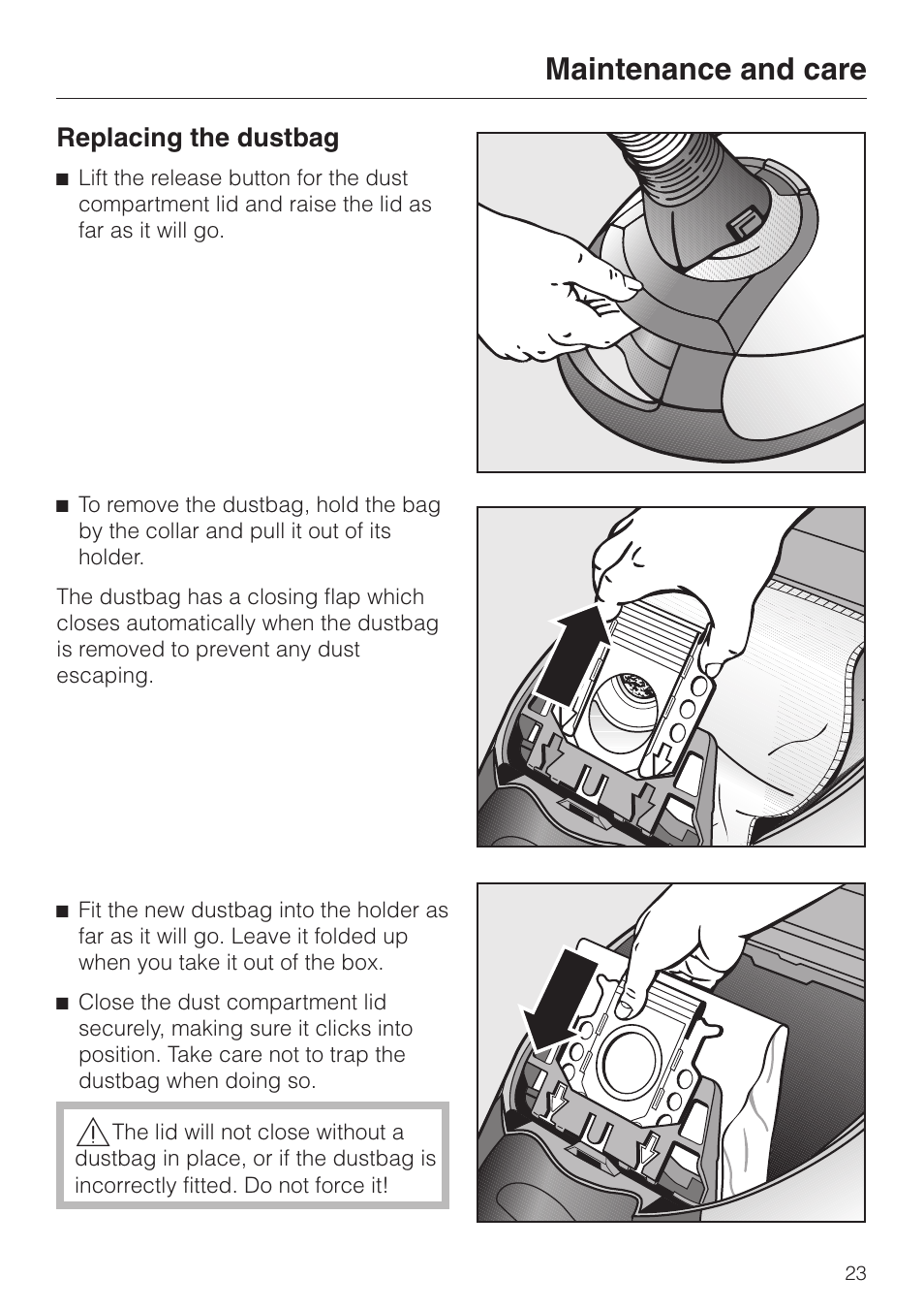 Replacing the dustbag 23, Replacing the dustbag, Maintenance and care | Miele S 5980 User Manual | Page 23 / 36