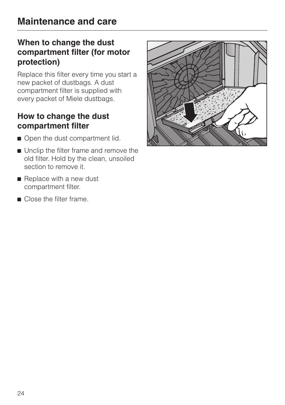 How to change the dust compartment filter 24, Maintenance and care, How to change the dust compartment filter | Miele S 5980 User Manual | Page 24 / 36