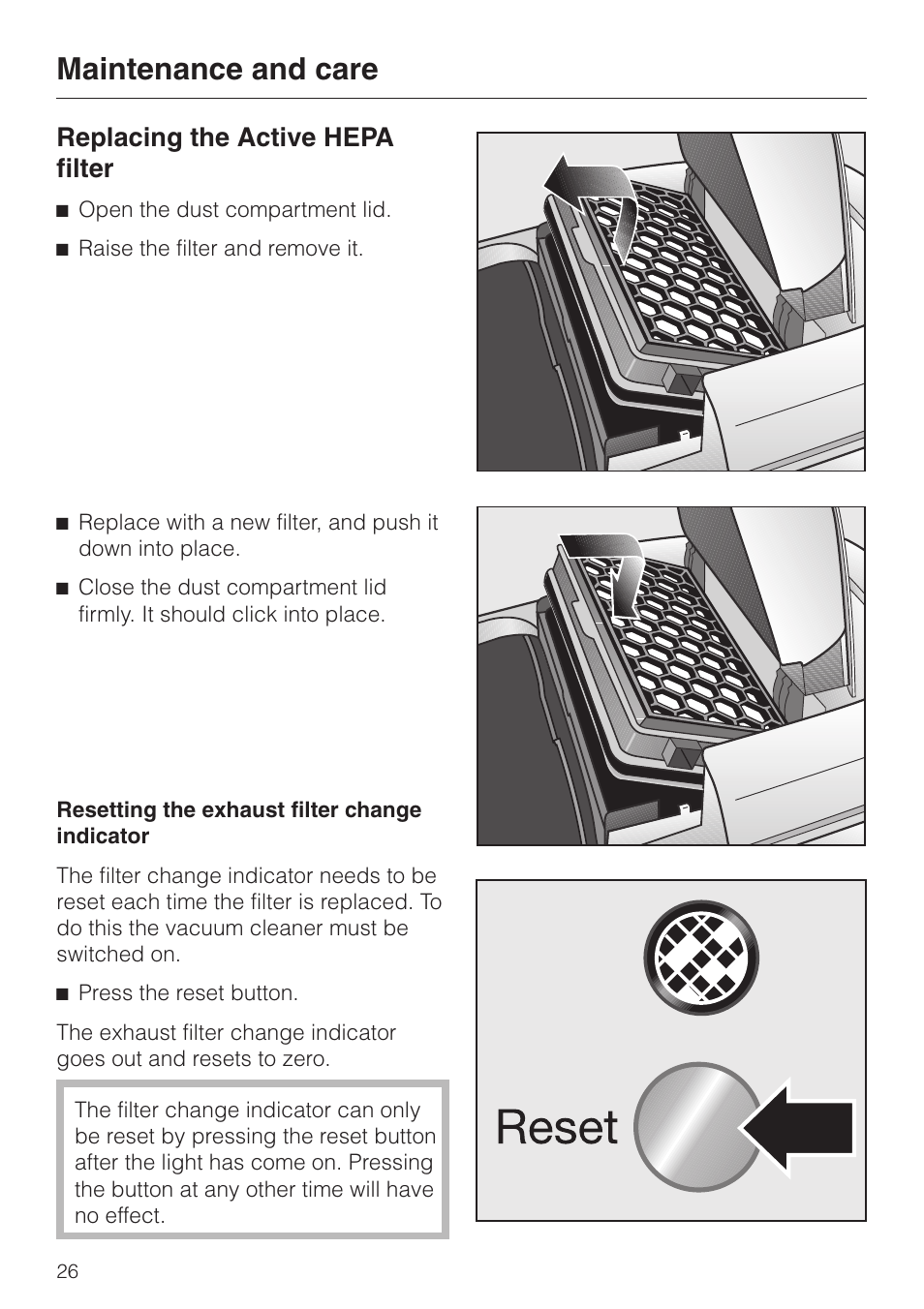 Replacing the active hepa filter 26, Replacing the active hepa filter, Maintenance and care | Miele S 5980 User Manual | Page 26 / 36