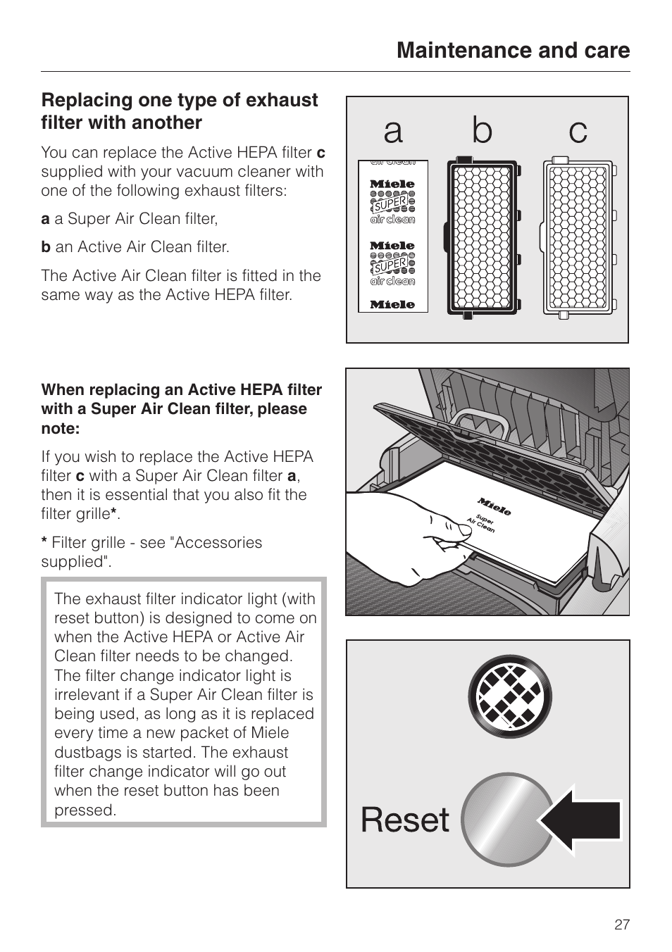 Replacing one type of exhaust filter with another, Maintenance and care | Miele S 5980 User Manual | Page 27 / 36