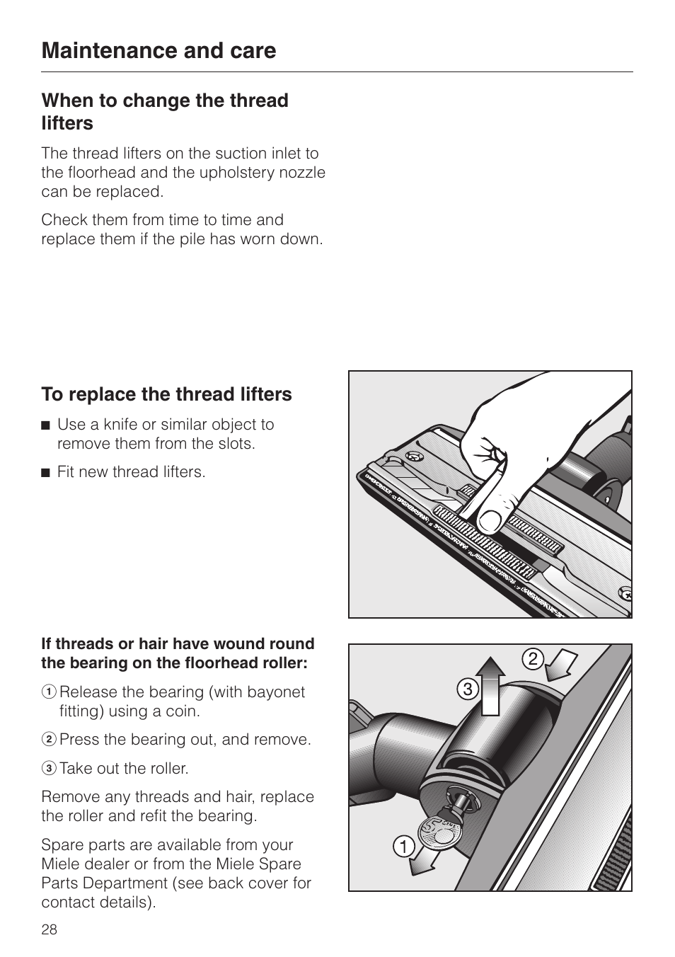 When to change the thread lifters 28, To replace the thread lifters 28, Maintenance and care | When to change the thread lifters | Miele S 5980 User Manual | Page 28 / 36