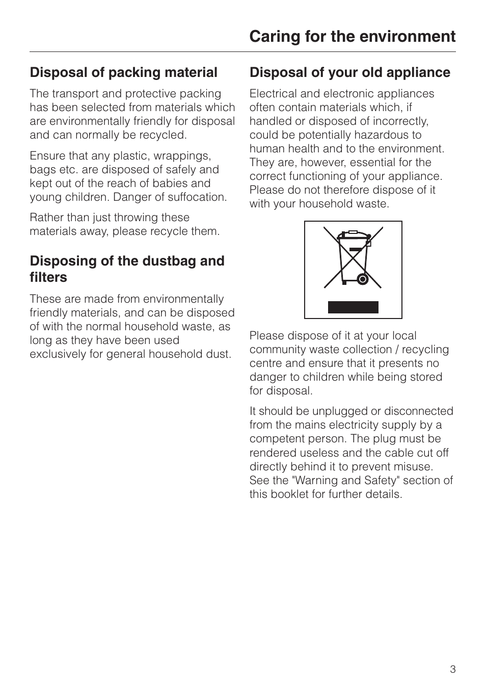 Caring for the environment 3, Caring for the environment | Miele S 5980 User Manual | Page 3 / 36