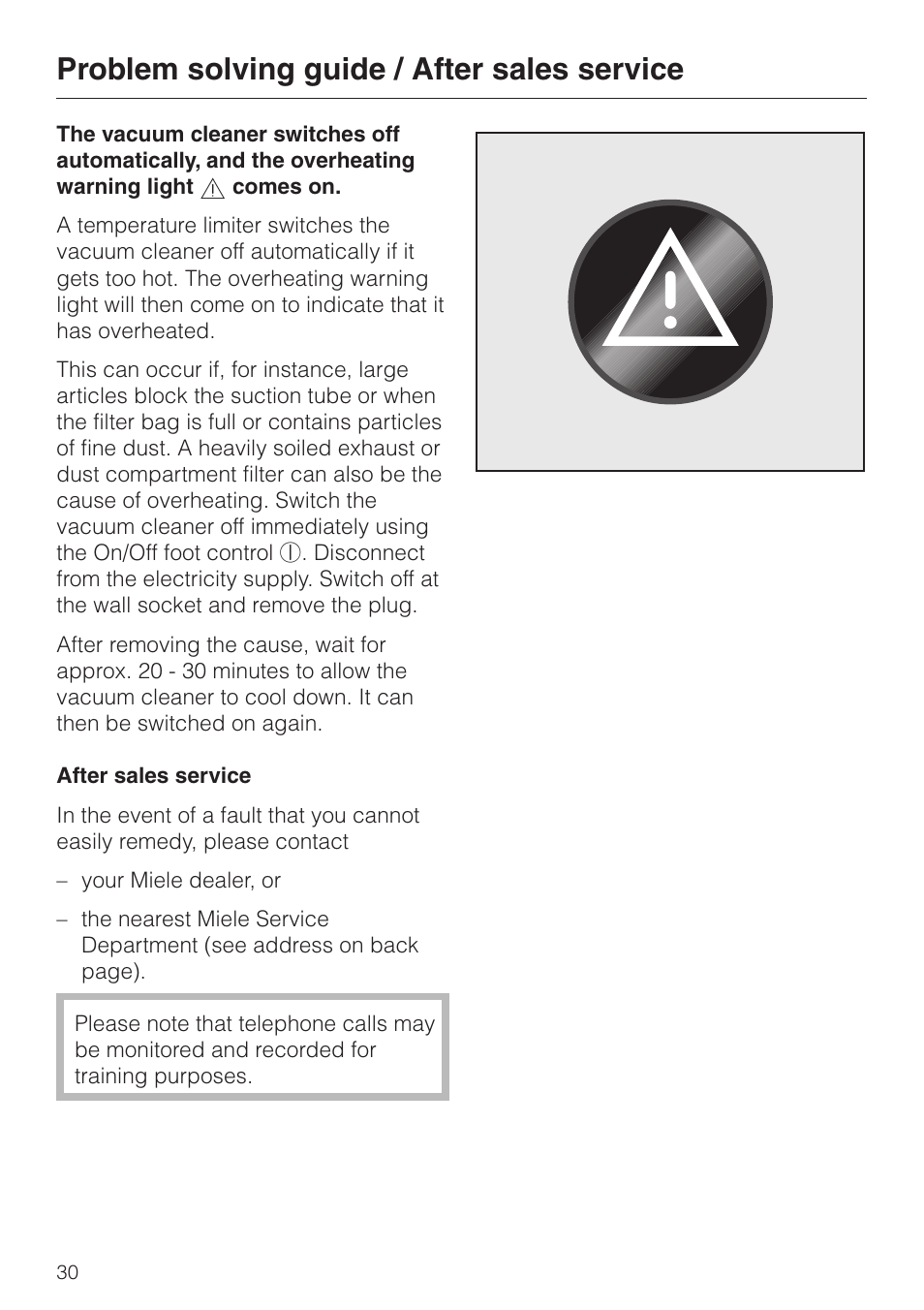 Problem solving guide / after sales service 30, Problem solving guide / after sales service | Miele S 5980 User Manual | Page 30 / 36