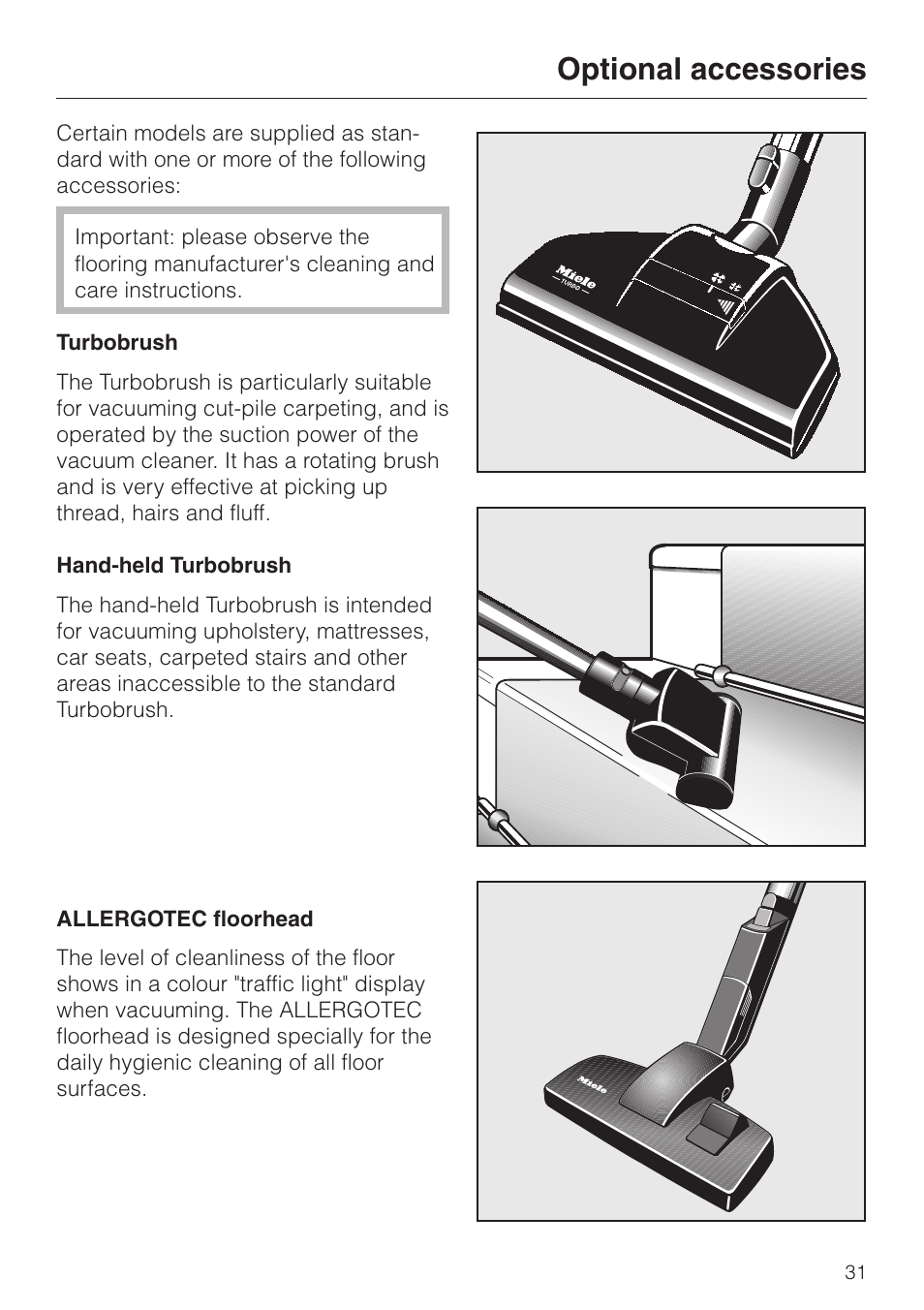 Optional accessories 31, Optional accessories | Miele S 5980 User Manual | Page 31 / 36