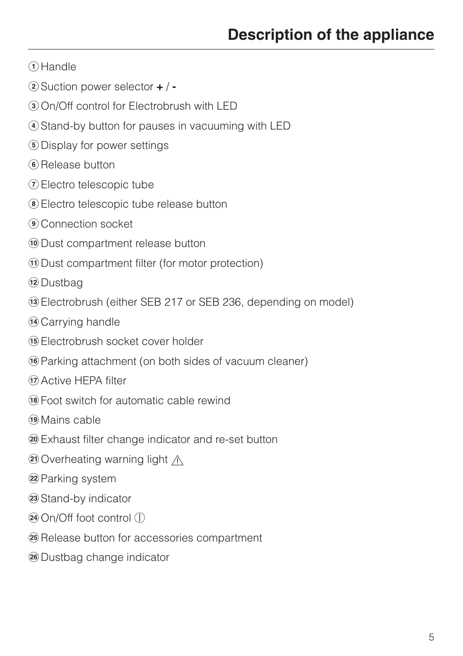 Description of the appliance | Miele S 5980 User Manual | Page 5 / 36