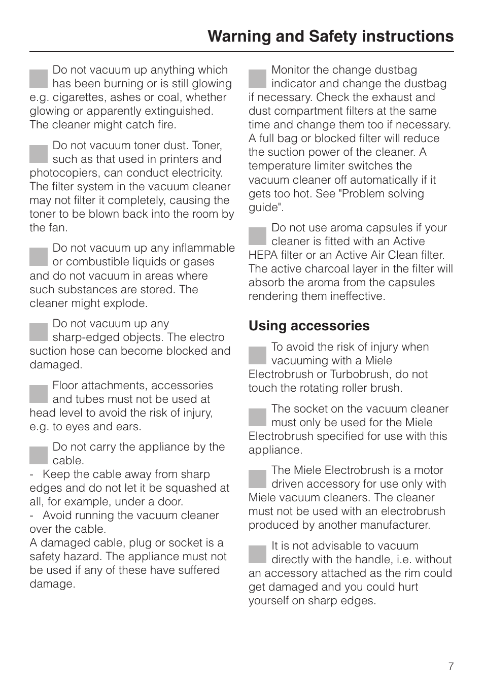 Warning and safety instructions, Using accessories | Miele S 5980 User Manual | Page 7 / 36
