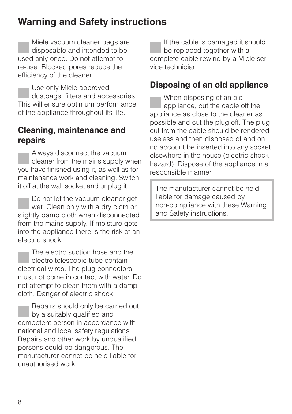 Warning and safety instructions, Cleaning, maintenance and repairs, Disposing of an old appliance | Miele S 5980 User Manual | Page 8 / 36