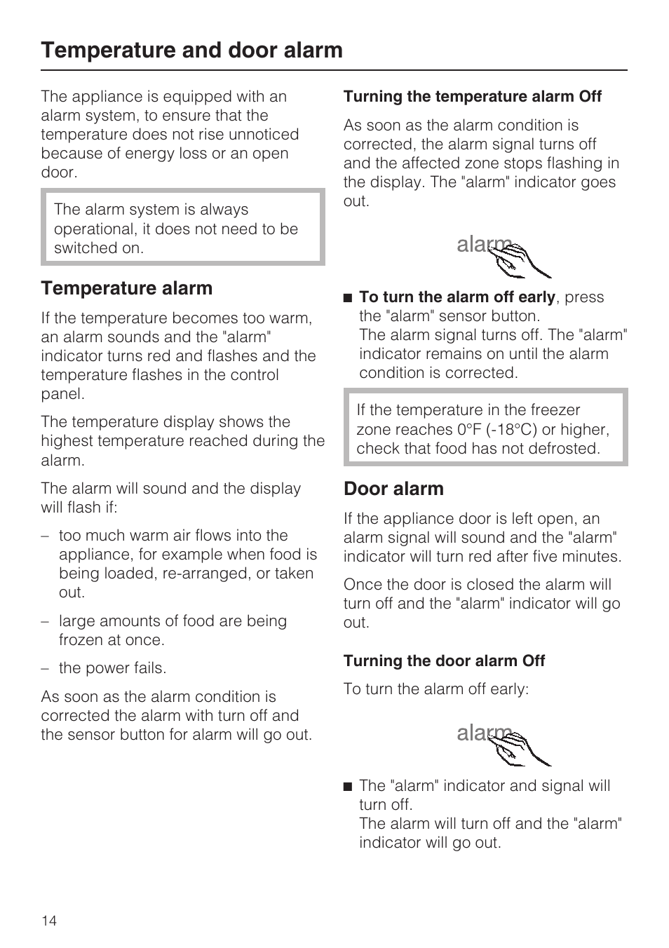 Temperature and door alarm 14, Temperature alarm 14, Door alarm 14 | Temperature and door alarm, Temperature alarm, Door alarm | Miele F1471SF User Manual | Page 14 / 84