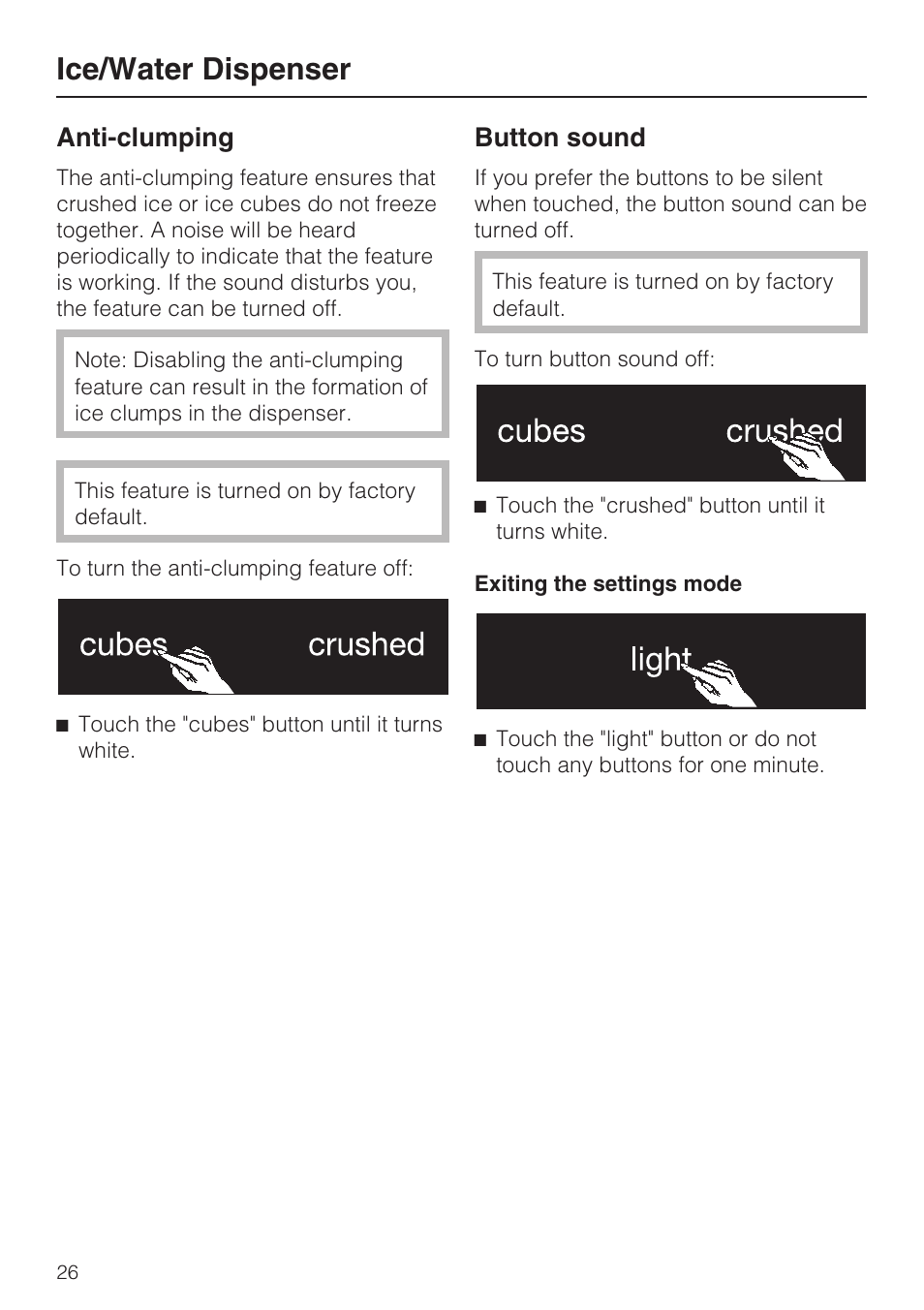 Anti-clumping 26, Button sound 26, Ice/water dispenser | Anti-clumping, Button sound | Miele F1471SF User Manual | Page 26 / 84