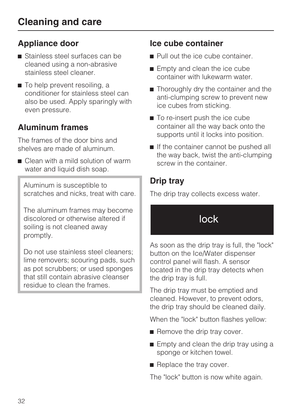 Appliance door 32, Aluminum frames 32, Ice cube container 32 | Drip tray 32, Cleaning and care, Appliance door, Aluminum frames, Ice cube container, Drip tray | Miele F1471SF User Manual | Page 32 / 84