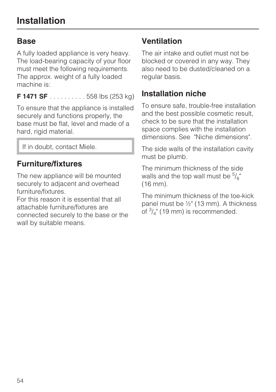 Installation, Base, Furniture/fixtures | Ventilation, Installation niche | Miele F1471SF User Manual | Page 54 / 84