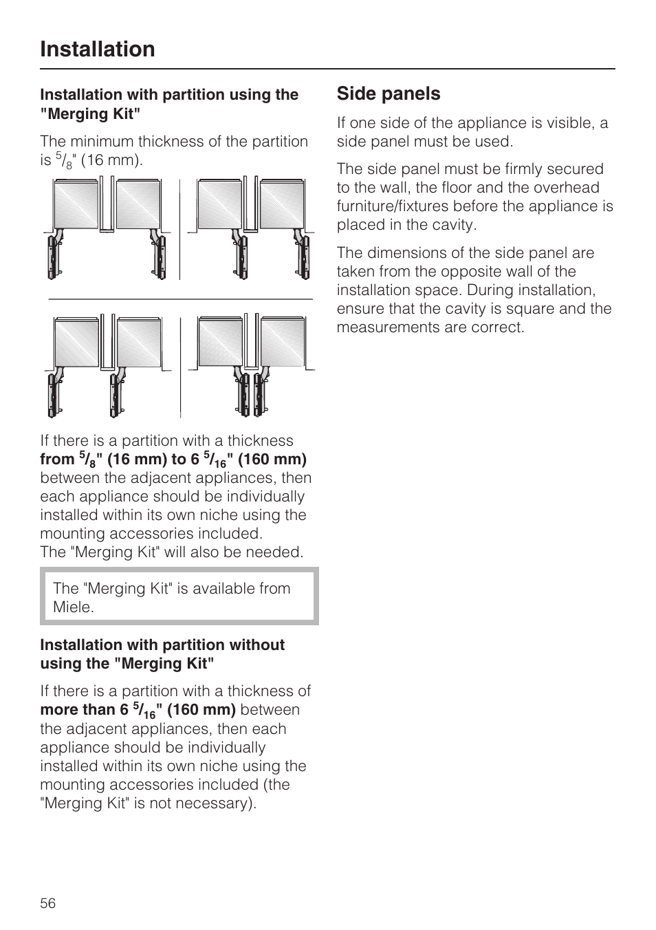 Installation, Side panels | Miele F1471SF User Manual | Page 56 / 84