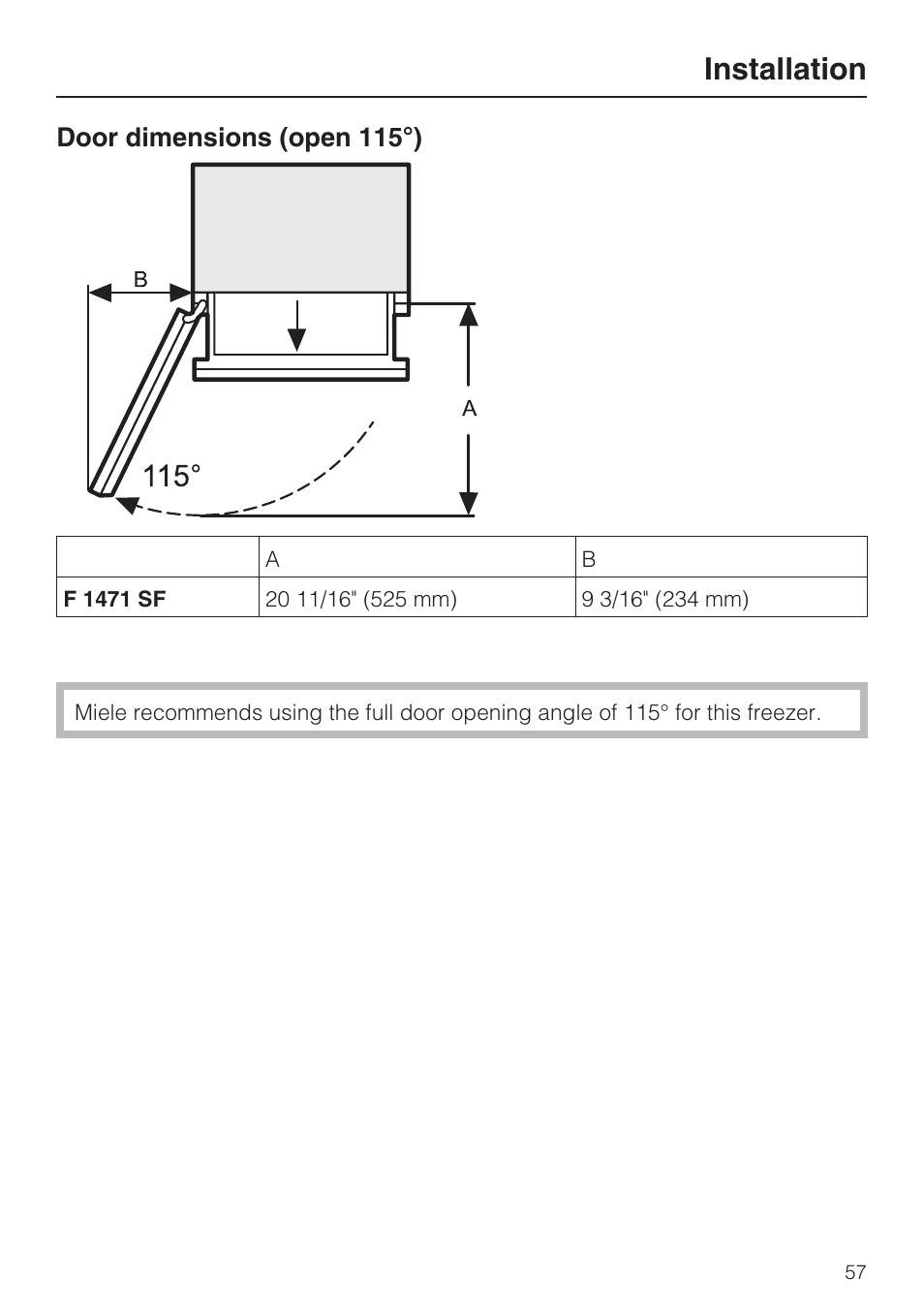 Door dimensions (open 115°) 57, Installation, Door dimensions (open 115°) | Miele F1471SF User Manual | Page 57 / 84