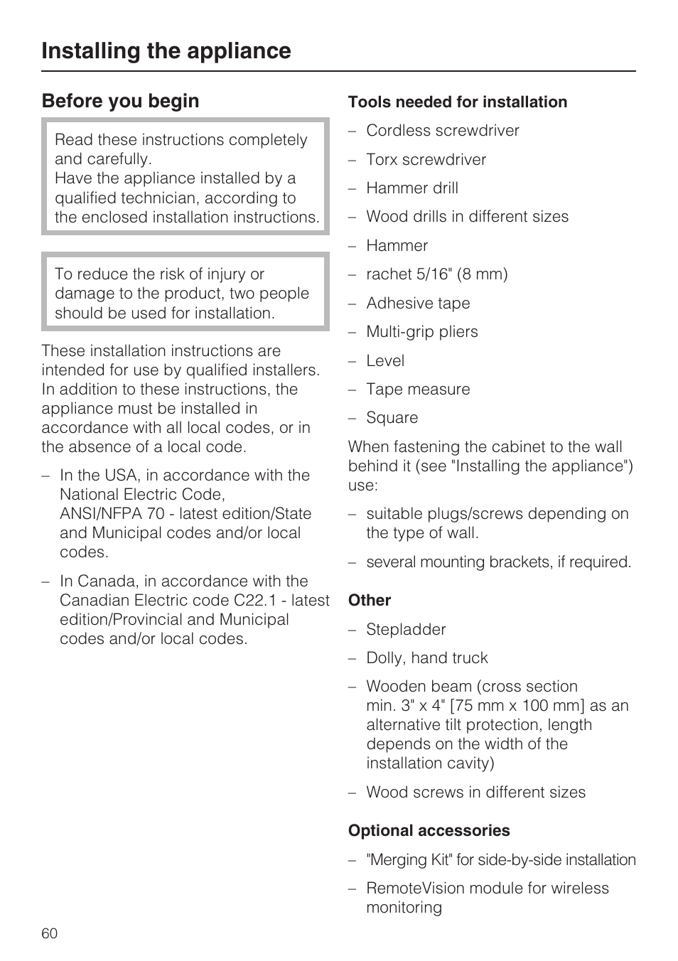 Installing the appliance 60, Before you begin 60, Installing the appliance | Before you begin | Miele F1471SF User Manual | Page 60 / 84