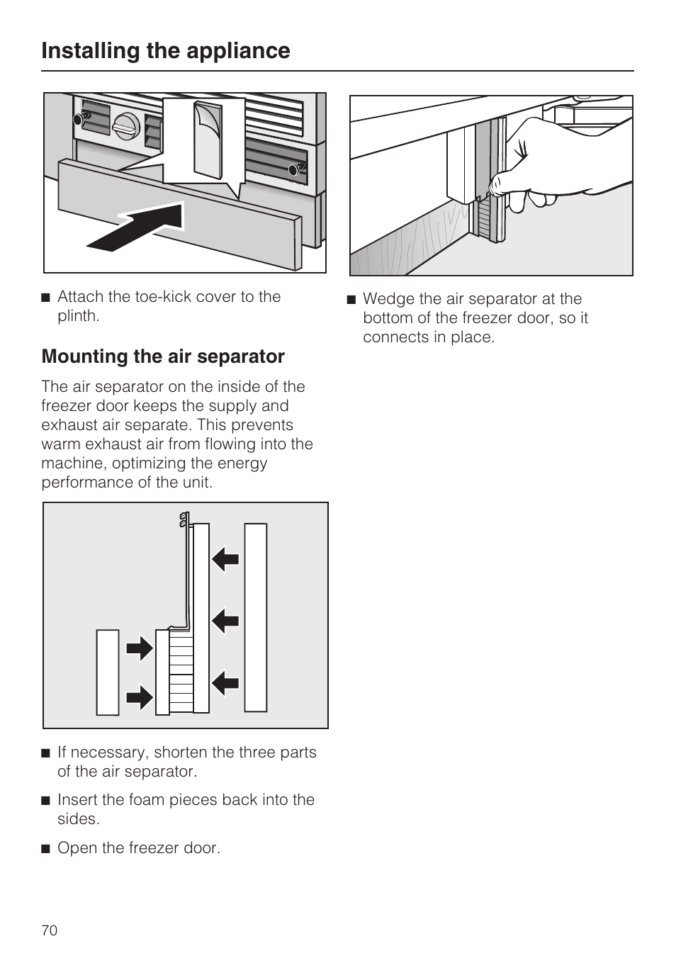 Installing the appliance, Mounting the air separator | Miele F1471SF User Manual | Page 70 / 84