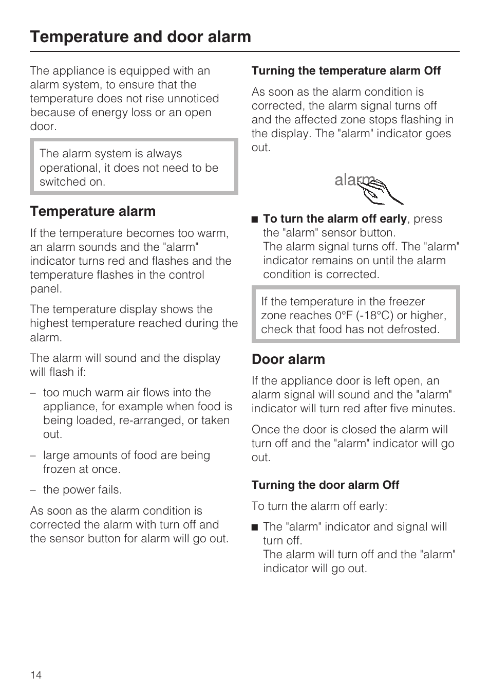 Temperature and door alarm 14, Temperature alarm 14, Door alarm 14 | Temperature and door alarm, Temperature alarm, Door alarm | Miele F1411VI User Manual | Page 14 / 76