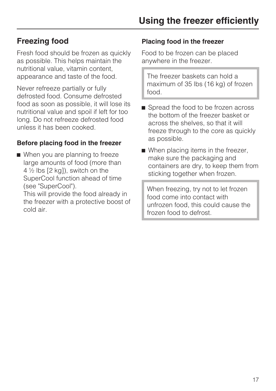Using the freezer efficiently 17, Freezing food 17, Using the freezer efficiently | Freezing food | Miele F1411VI User Manual | Page 17 / 76