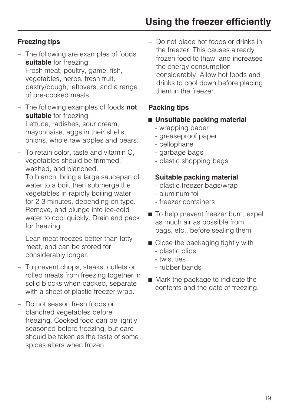 Using the freezer efficiently | Miele F1411VI User Manual | Page 19 / 76