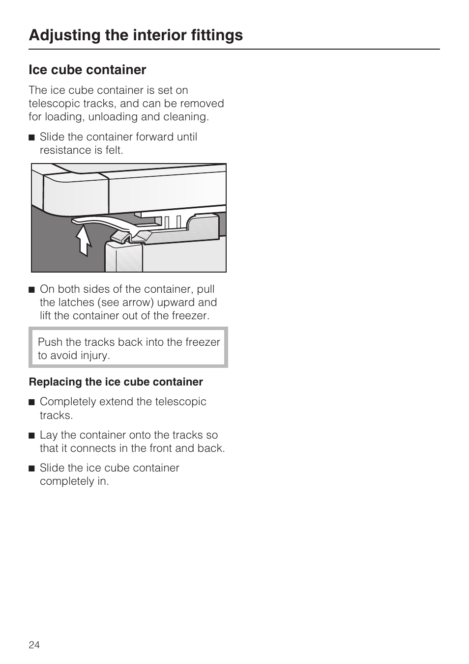 Ice cube container 24, Adjusting the interior fittings, Ice cube container | Miele F1411VI User Manual | Page 24 / 76