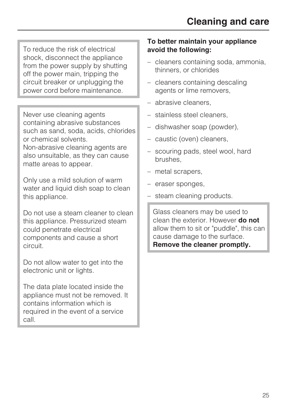 Cleaning and care 25, Cleaning and care | Miele F1411VI User Manual | Page 25 / 76