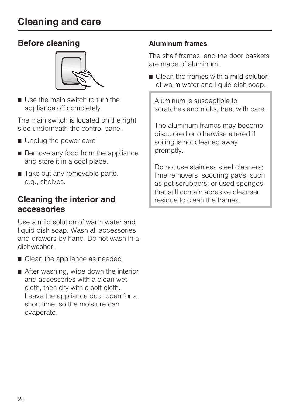 Cleaning the interior and accessories 26, Cleaning and care, Before cleaning | Cleaning the interior and accessories | Miele F1411VI User Manual | Page 26 / 76