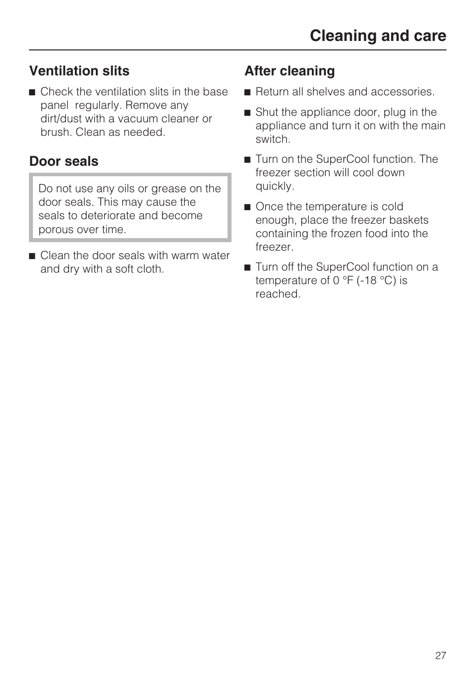 Ventilation slits 27, Door seals 27, Cleaning and care | Ventilation slits, Door seals, After cleaning | Miele F1411VI User Manual | Page 27 / 76