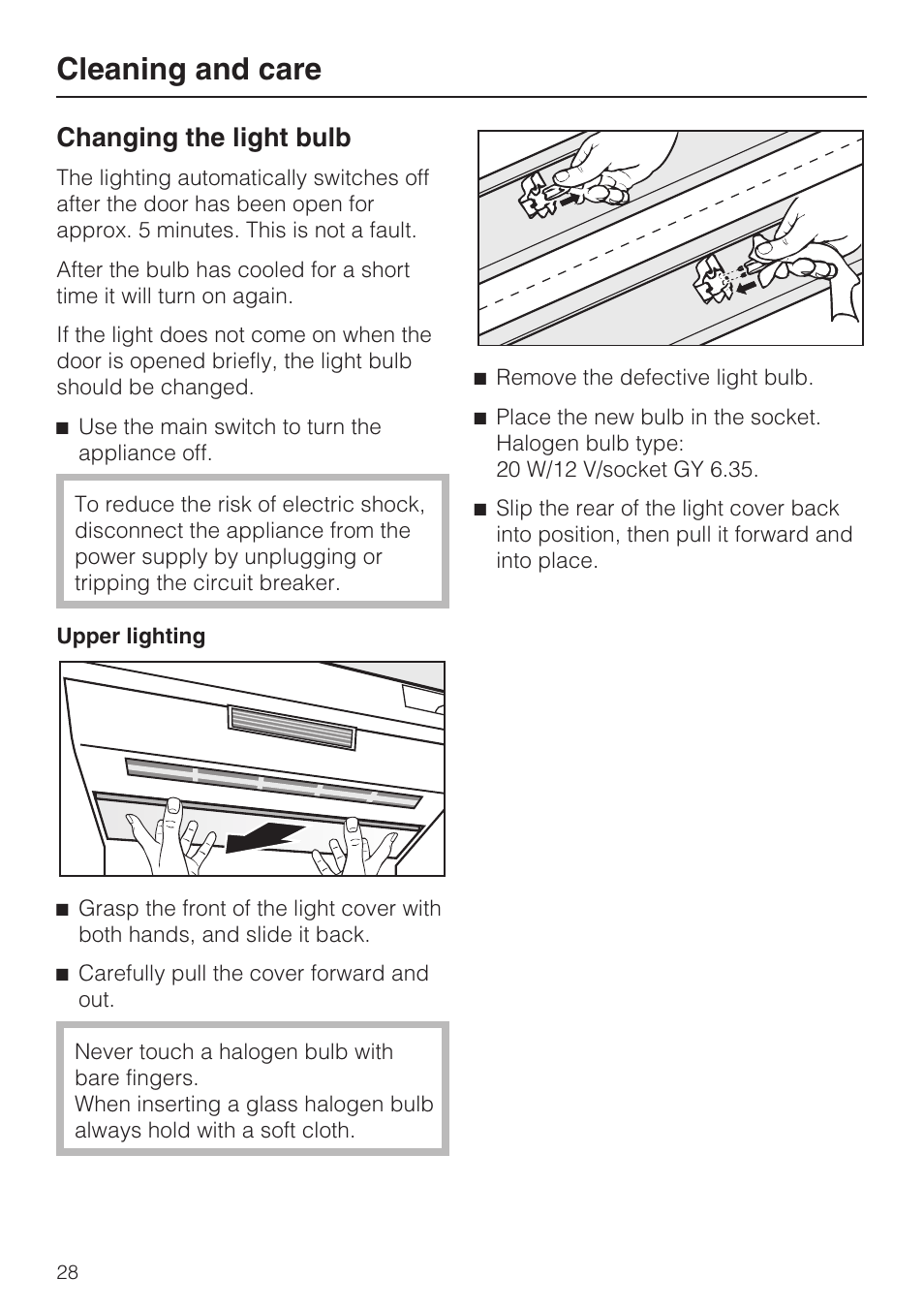 Changing the light bulb 28, Cleaning and care, Changing the light bulb | Miele F1411VI User Manual | Page 28 / 76
